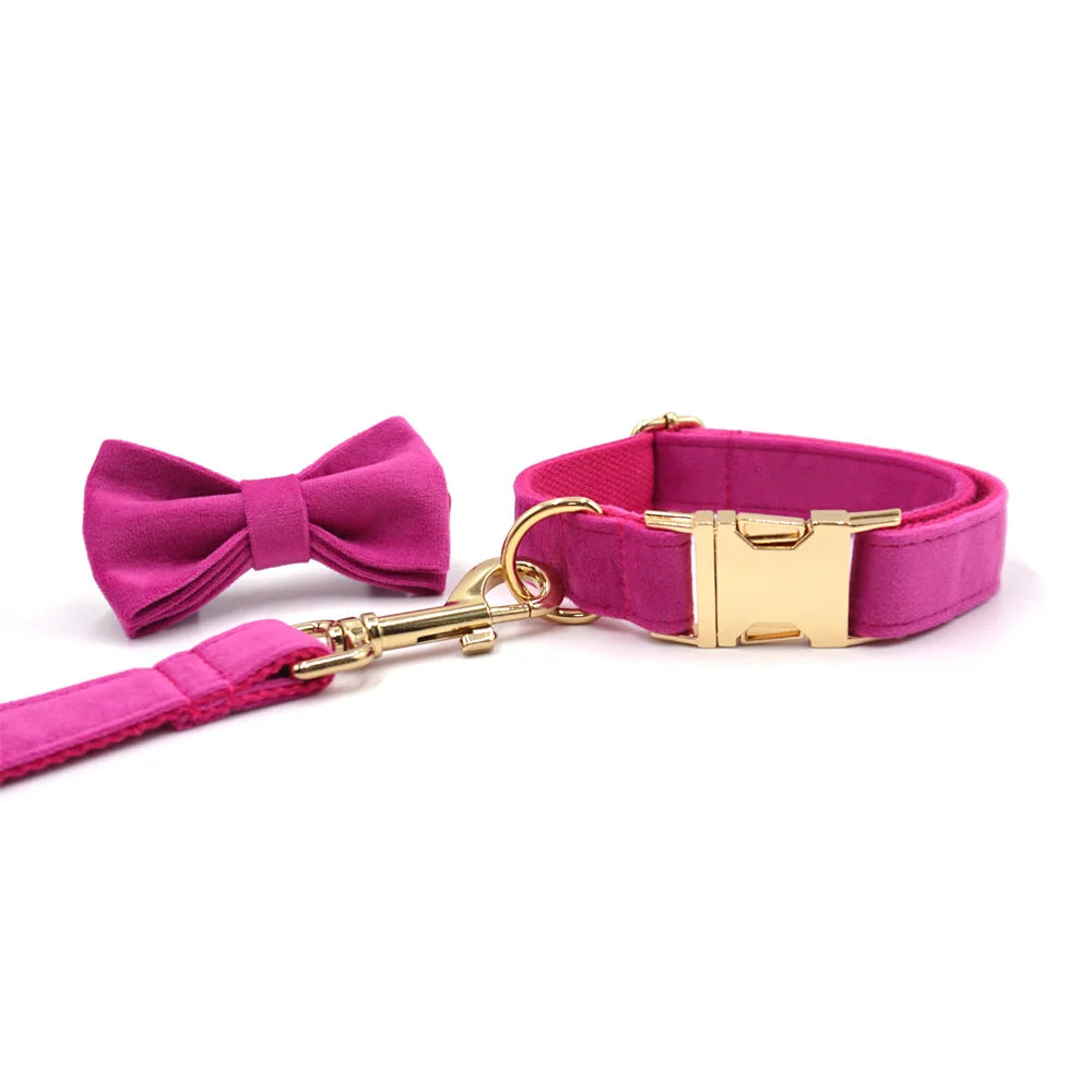 Fuchsia Velvet Personalized Dog Collar for Small Dogs Light Weight Cute Dog Harness with Bow Flower Custom Puppy Traction Set