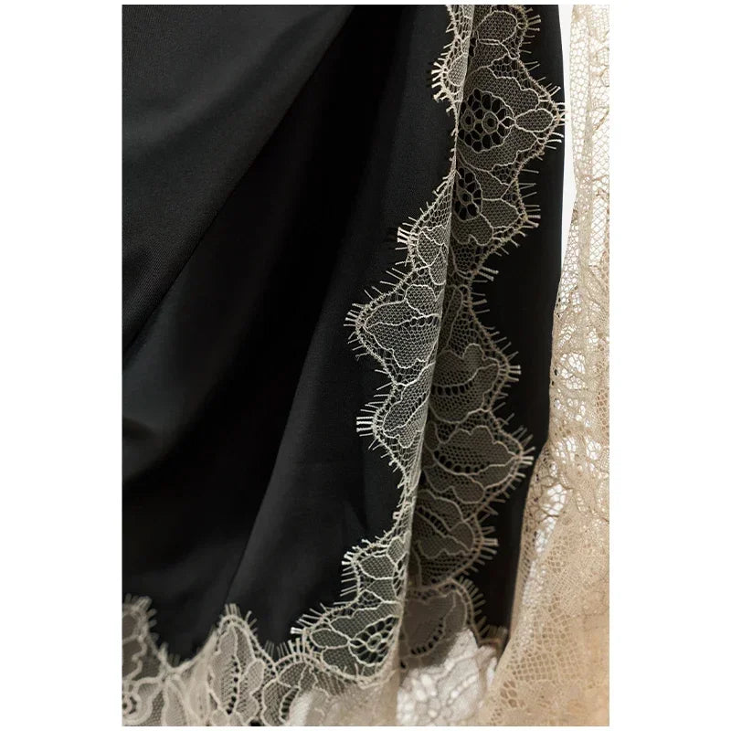 Women Lace Patchwork Sexy Mini Dress Elegant Full Flared Sleeve Waist Cinching See Through Short Dresses Lady Club Party Gowns