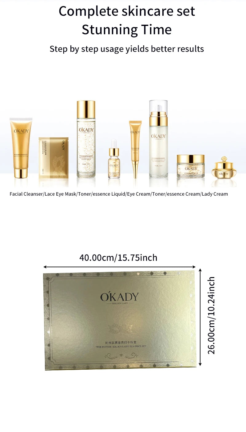 Oupe Time Peptide Gold Noblewoman Ten-Piece Set Hydrating and Moisturizing Skincare Kit Nourishing and Repairing Cosmetics Brightens Skin Tone Nourishes Skin Unisex Suitable for Sensitive Skin Deep Hydration Gift Box Essentia