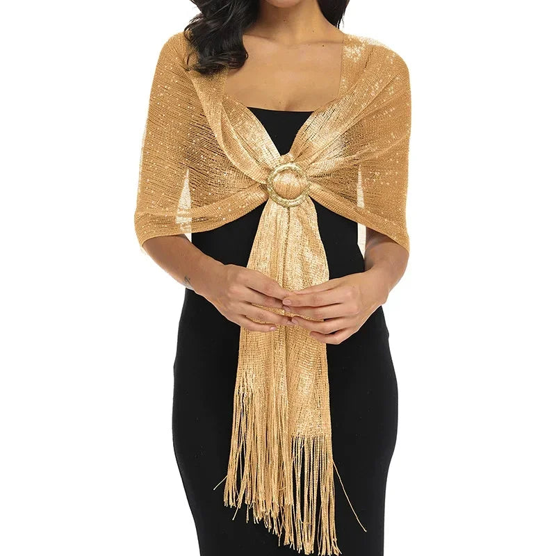 Shiny Round Buckle Tassel Wraps Scarf – European and American Fashion Trend for Evening Party, Dance, Wedding, and Beach Getaway