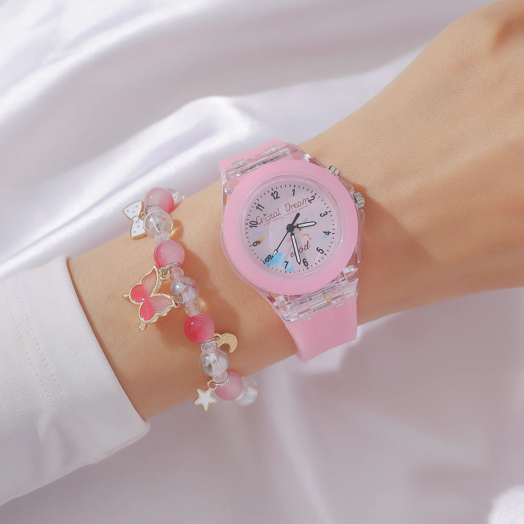 Fashion Butterfly Silicone Luminous Watch + Butterfly Beaded Bracelet
