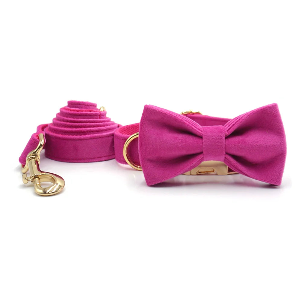 Fuchsia Velvet Personalized Dog Collar for Small Dogs Light Weight Cute Dog Harness with Bow Flower Custom Puppy Traction Set