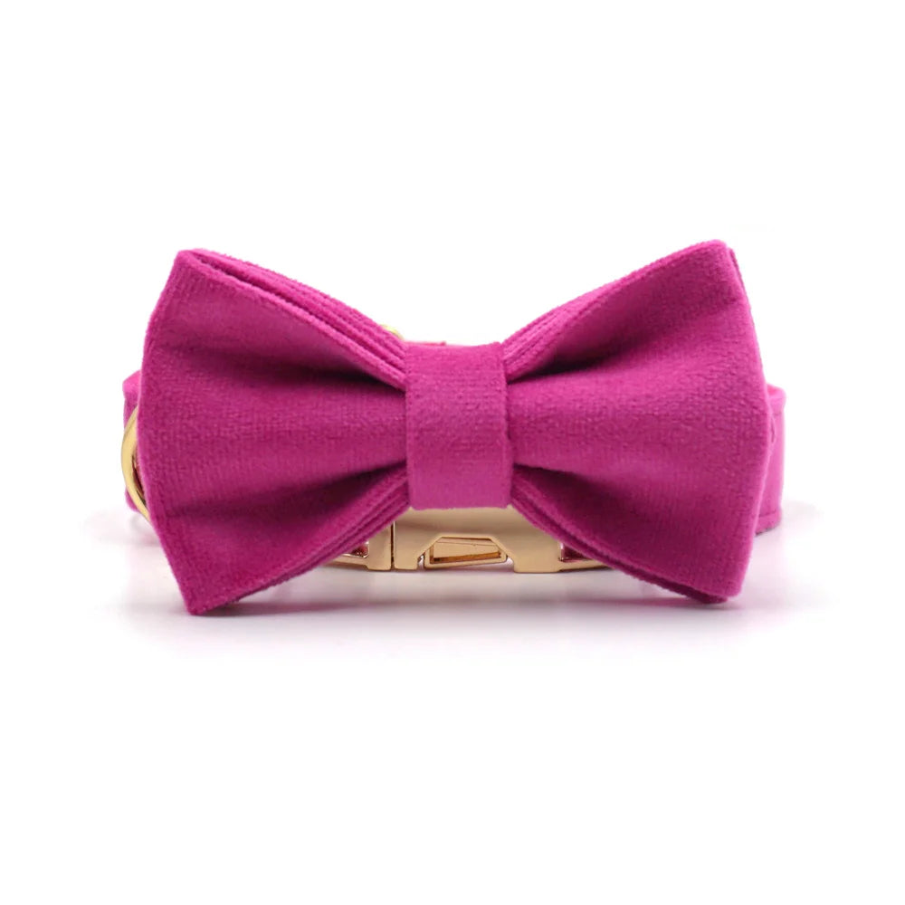 Fuchsia Velvet Personalized Dog Collar for Small Dogs Light Weight Cute Dog Harness with Bow Flower Custom Puppy Traction Set