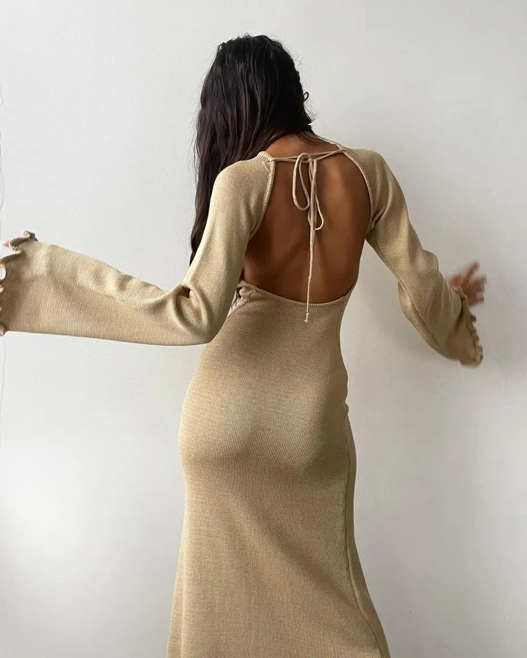 Cryptographic Elegant Knitted Sweater Maxi Dress Outfits for Women Flare Sleeve Sexy Backless Dresses Edible Tree Fungus Clothes