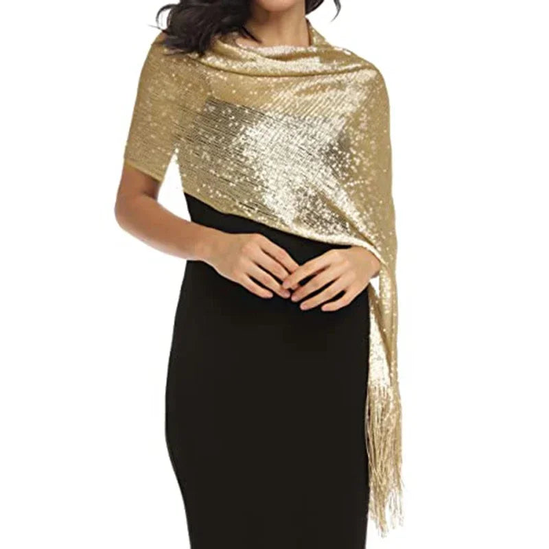 Shiny Round Buckle Tassel Wraps Scarf – European and American Fashion Trend for Evening Party, Dance, Wedding, and Beach Getaway