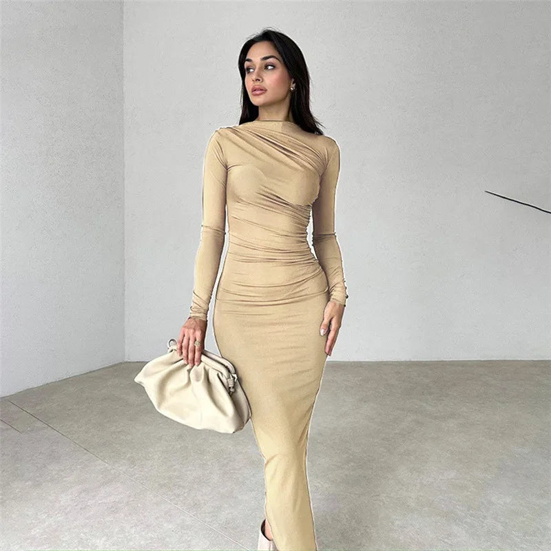 Cryptographic Autumn Elegant Ruched Long Bodycon Dress Fashion Outfits for Women Club Party Slinky Sexy Dresses Birthday Robes