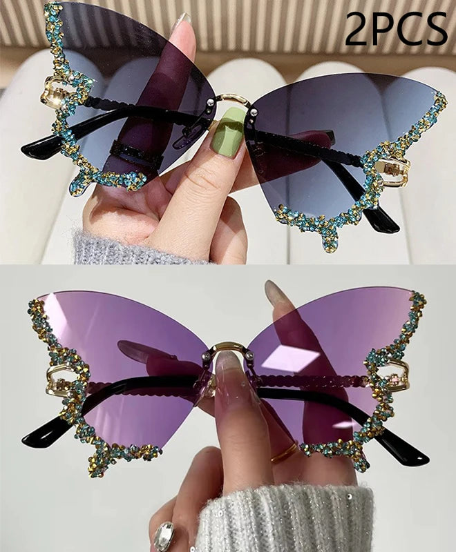 Luxury Diamond Butterfly Sunglasses Women Brand Y2K Vintage Rimless Oversized Sun Glasses Ladies Eyewear