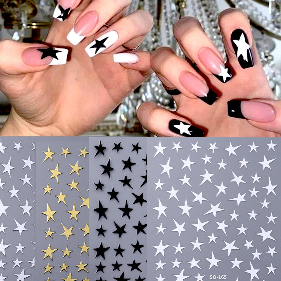 4PCS Y2K Satr Nail Art Stickers White Black Gold Irregular Pentagram Nail Design Slider Decals Manicure Nail Supplies Decoration