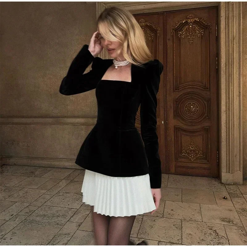 Women Velvet High Waist Spliced Mini Dresses 2025 Elegant Square Neck Long Sleeve Gowns Autumn Winter Chic Lady New Party Dress