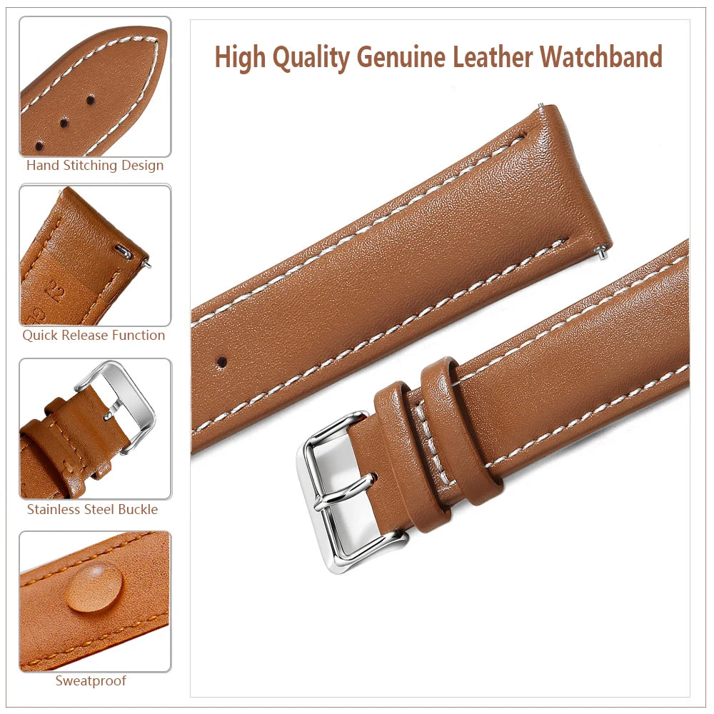 Top Grain Genuine Leather Watch Band, Quick Release 12/14/16/18/19/20/21/22/24 mm Watch Straps, Replacement Bands for Men Women