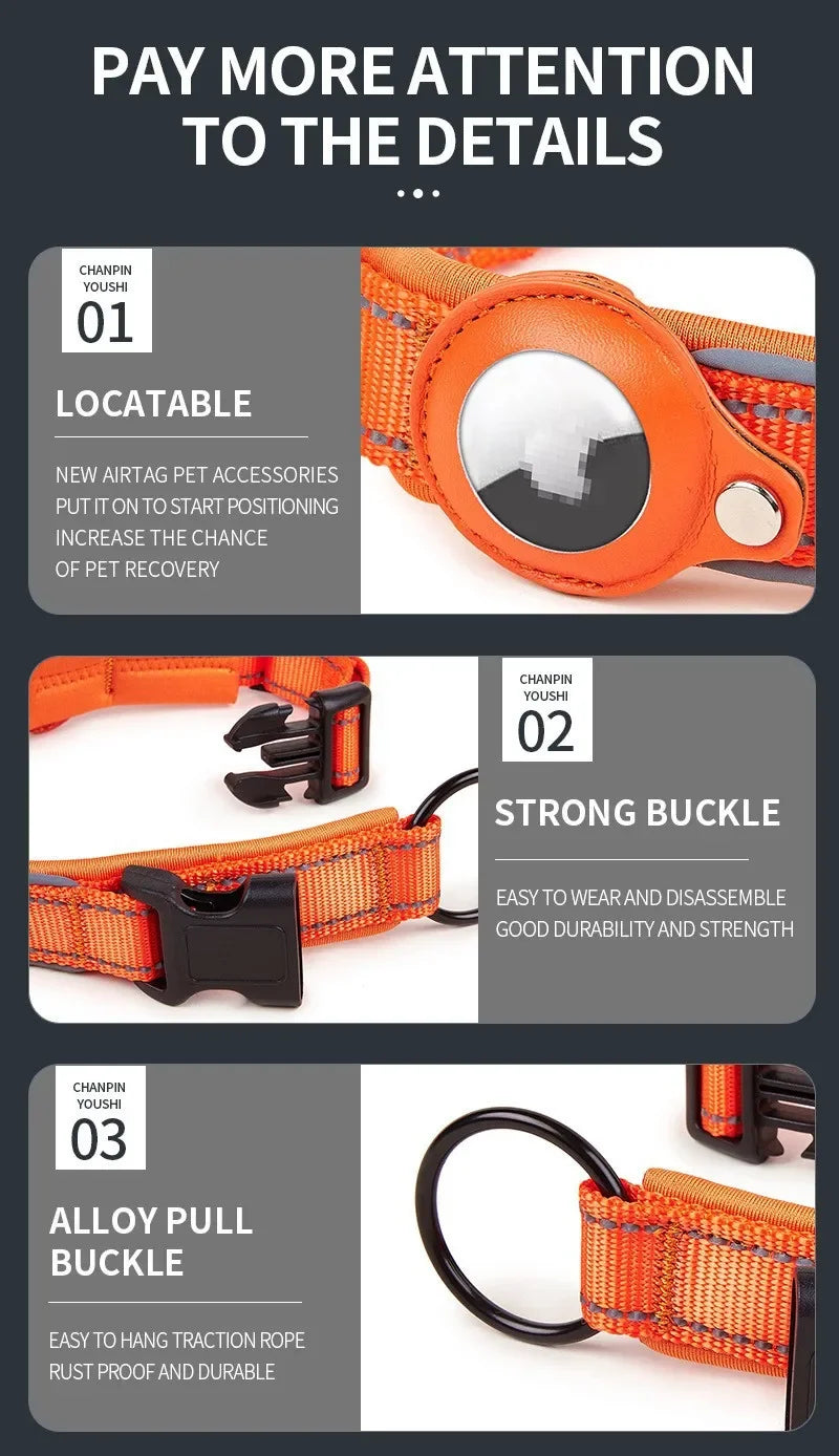 For AirTag Dog Collar Reflective Dog Collar Padded Collars AirTag Holder Case Adjustable Pet Collar for Small Medium Large Dogs