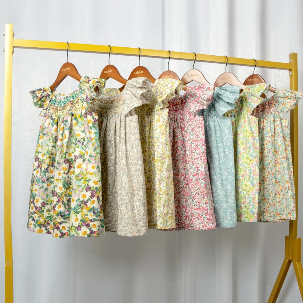 Floral Summer Dress for 1 2 3 4 5 6 Years Girls Smocking Design with Flying Sleeve Baby Toddler Daily Cute Clothes