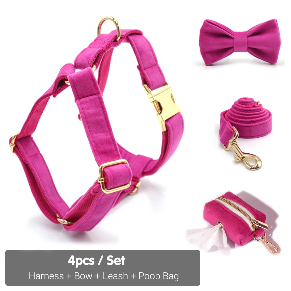 Fuchsia Velvet Personalized Dog Collar for Small Dogs Light Weight Cute Dog Harness with Bow Flower Custom Puppy Traction Set