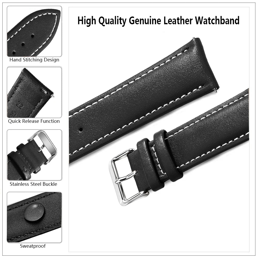 Top Grain Genuine Leather Watch Band, Quick Release 12/14/16/18/19/20/21/22/24 mm Watch Straps, Replacement Bands for Men Women
