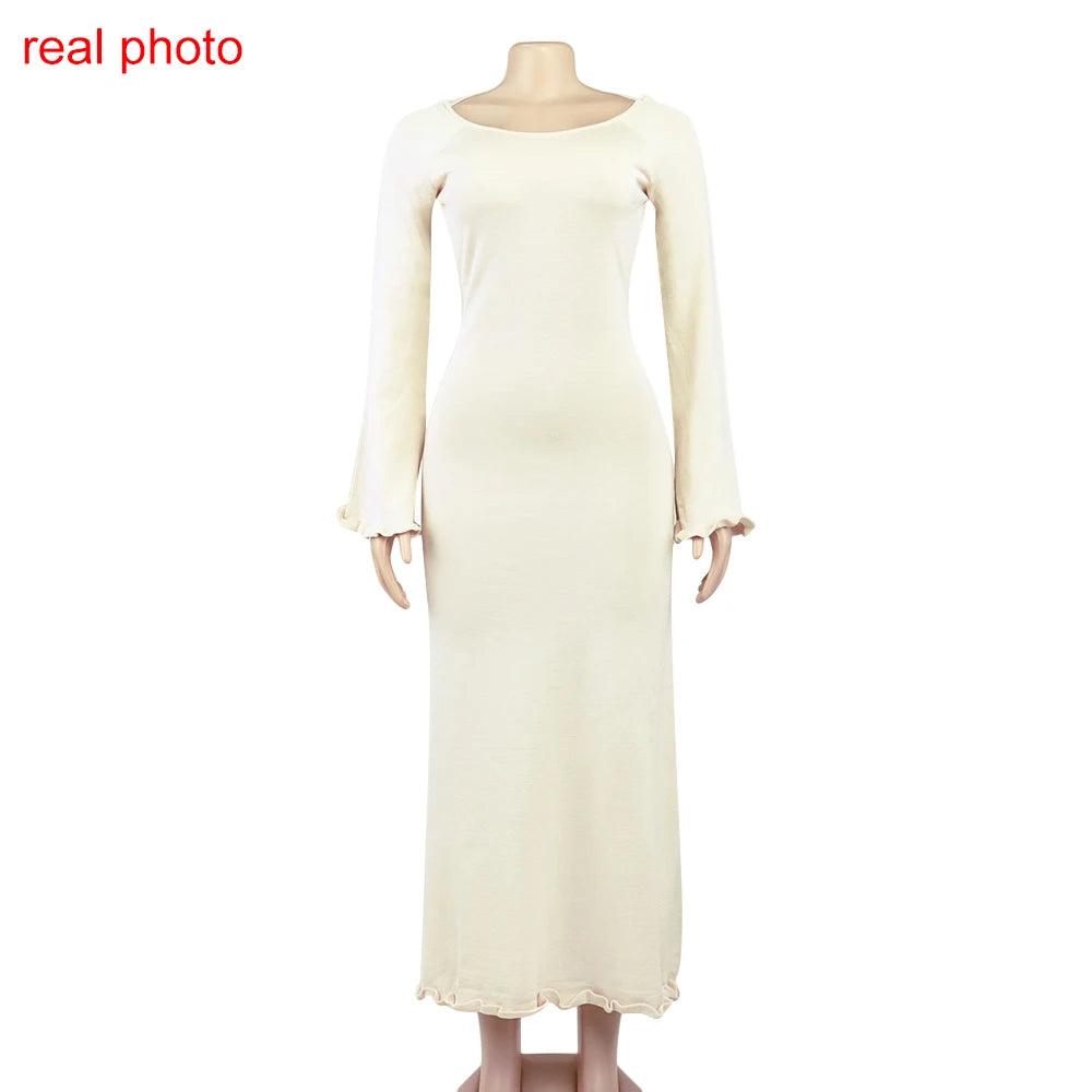 Cryptographic Elegant Knitted Sweater Maxi Dress Outfits for Women Flare Sleeve Sexy Backless Dresses Edible Tree Fungus Clothes