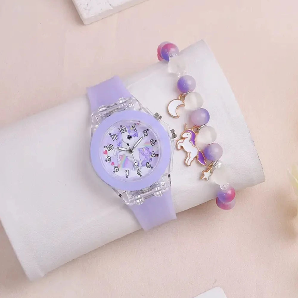 Fashion Butterfly Silicone Luminous Watch + Butterfly Beaded Bracelet