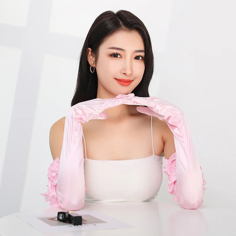 55CM Opera Stage Pink Satin Elastic Wedding Dress Etiquette Gloves Retro Banquet Dance Performance Flower Lace Women Long Gloves