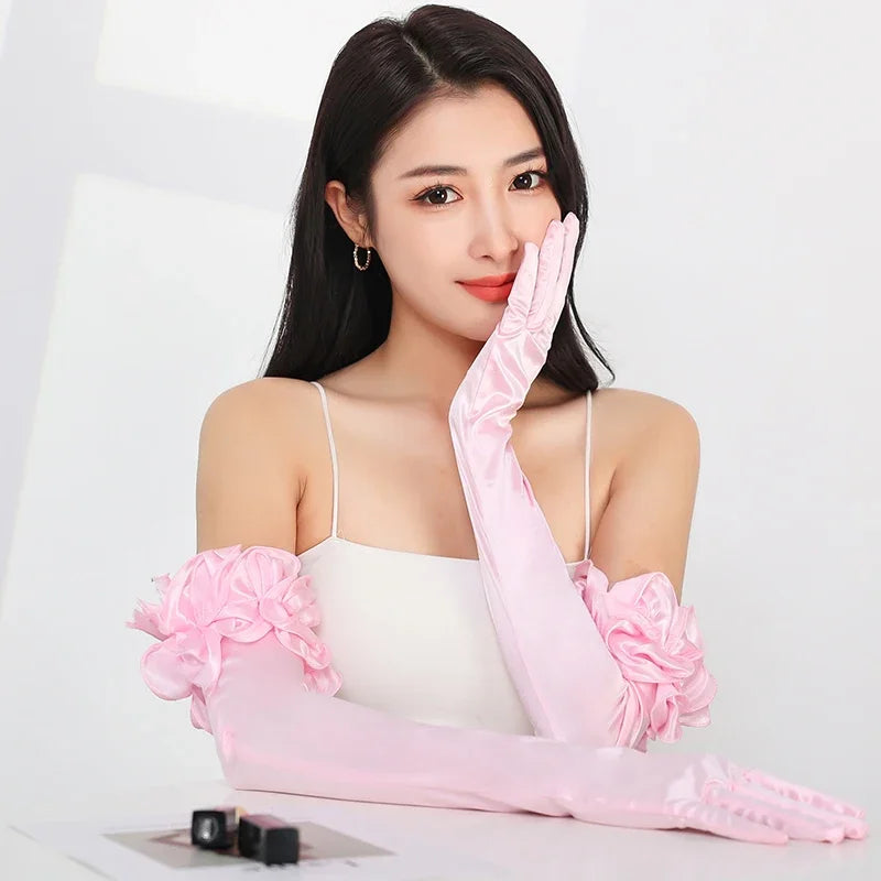 55CM Opera Stage Pink Satin Elastic Wedding Dress Etiquette Gloves Retro Banquet Dance Performance Flower Lace Women Long Gloves
