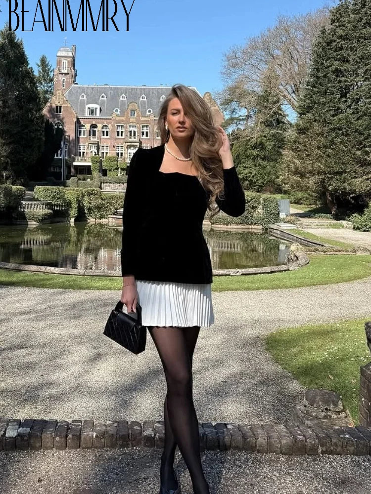 Women Velvet High Waist Spliced Mini Dresses 2025 Elegant Square Neck Long Sleeve Gowns Autumn Winter Chic Lady New Party Dress